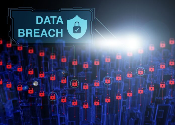 Data breach visualization with lock icons over digital dityscape