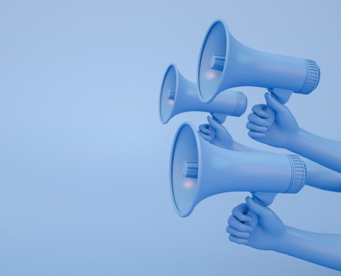 3d rendering of man is holding megaphone in his hand. Advertisement, announcement message.