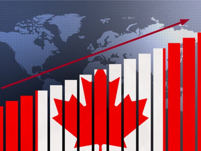 Canada flag on bar chart, symbolizing increasing economic recovery