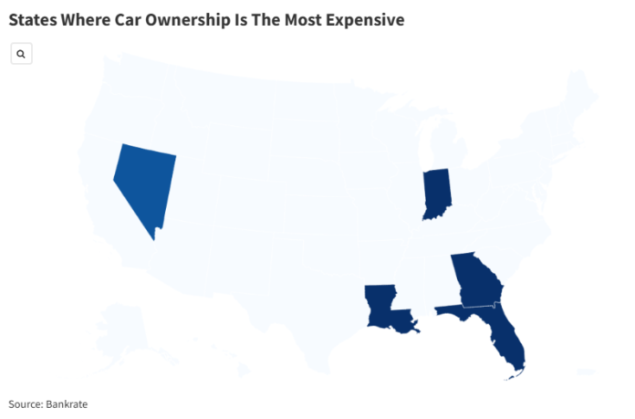 Map shows states where car ownership is most expensive