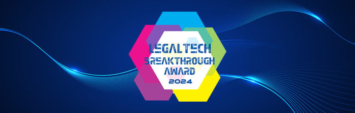 logo of LegalTech Breakthrough award on a blue background