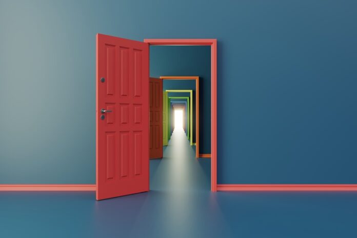 Multi colored opening doors symbolizing choice concept. (3d render)