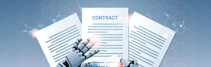 robotic hands working with legal contract management software for law departments