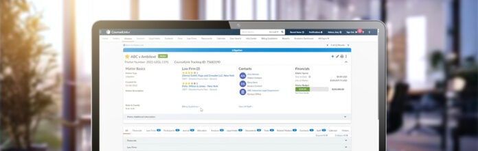LexisNexis CounselLink+ enterprise legal management platform and image of the attorney navigation