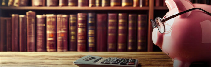 Pink piggy bank wearing glasses staring at calculating in law library thinking about mastering legal budgeting challenges