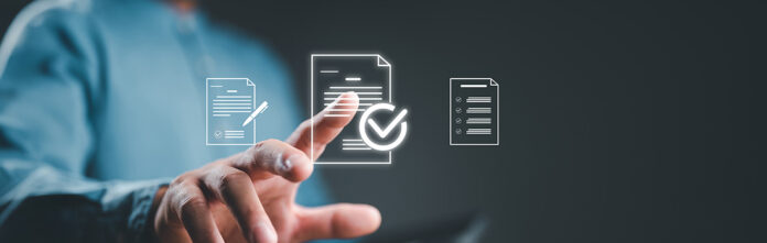 Man pointing finger at a digital contract management system to depict the best contract management system in legal departmentshe various elements in a contract that also indicates the stages of contract lifecycle management.