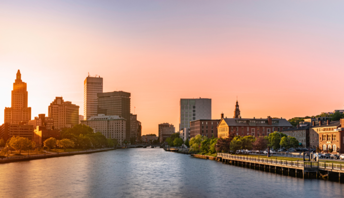 City on a river at sunset